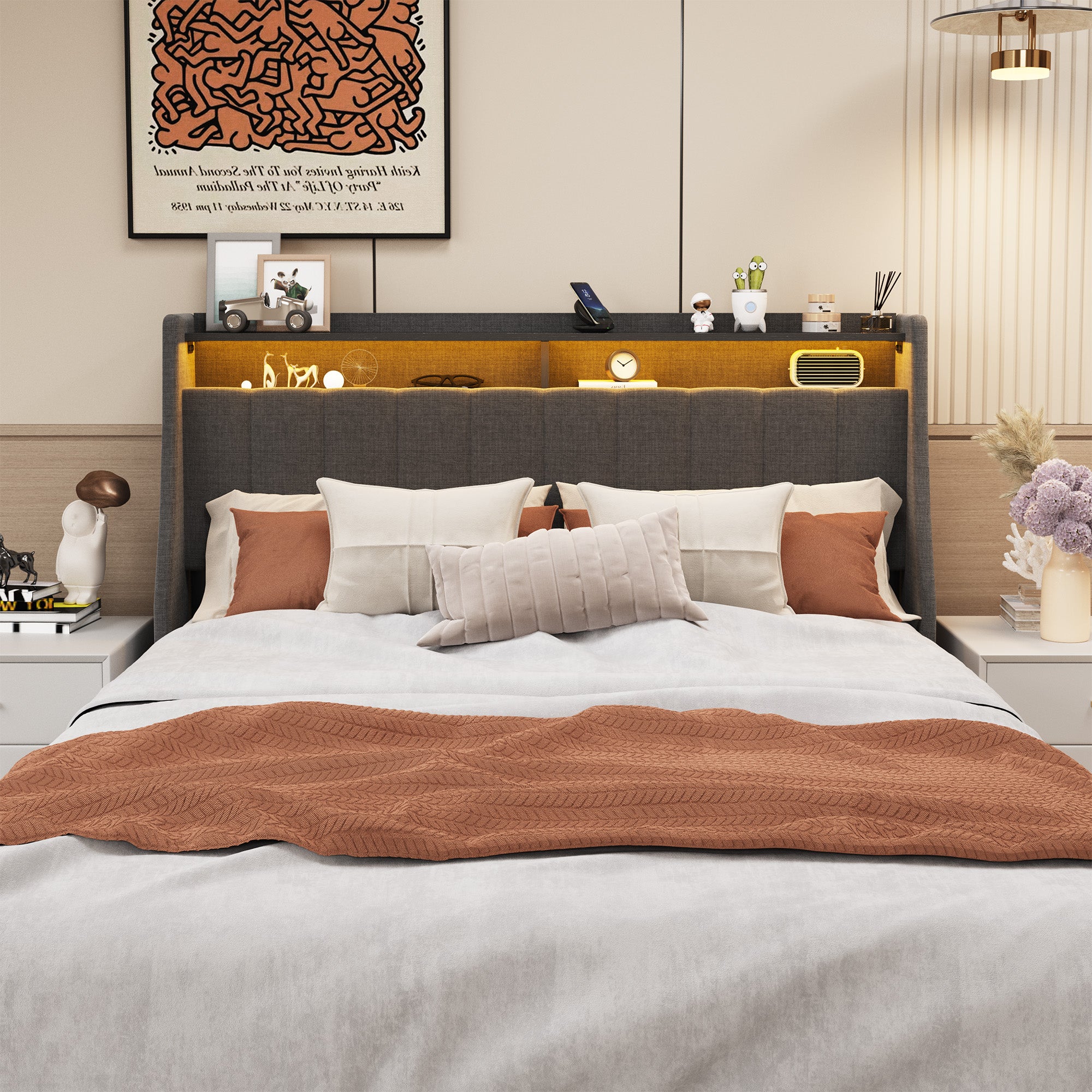 Queen Size Bed Frame with LED, 4 Under-bed Portable Storage Drawers