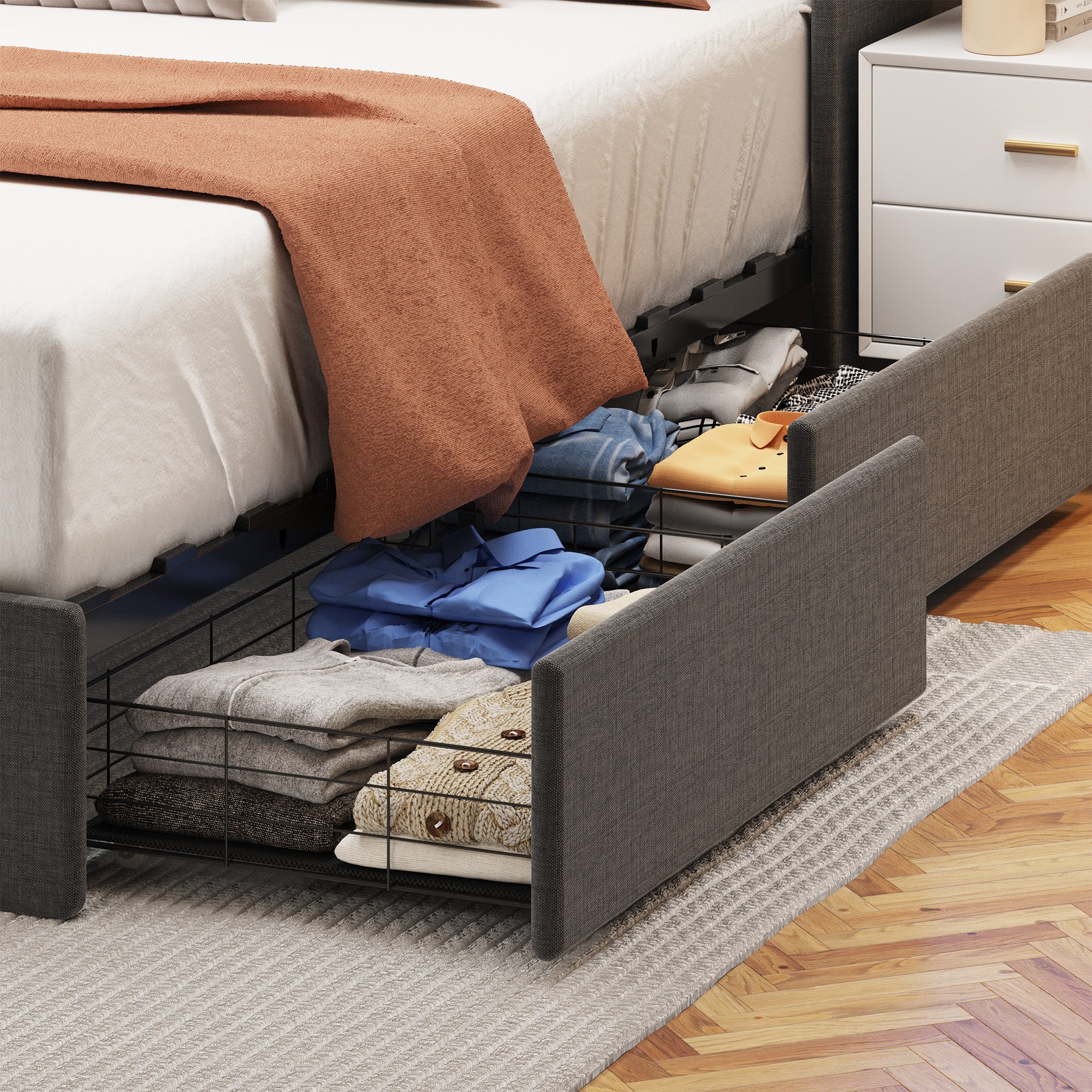 Queen Size Bed Frame with LED, 4 Under-bed Portable Storage Drawers