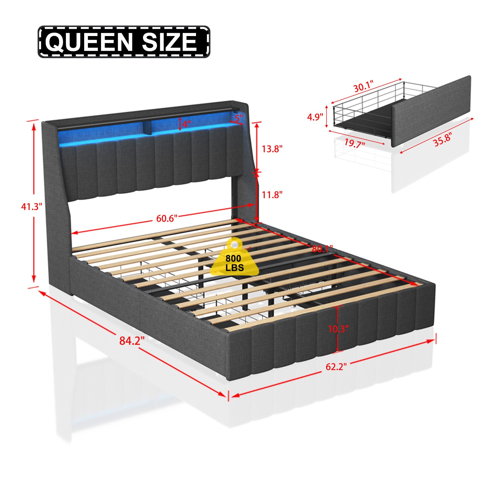 Queen Size Bed Frame with LED, 4 Under-bed Portable Storage Drawers
