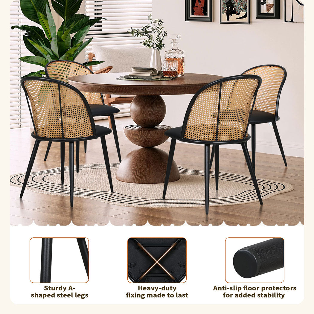 Familand 4x Dining Chairs Kitchen Rattan Dinner Chair Faux Leather Upholstered Black