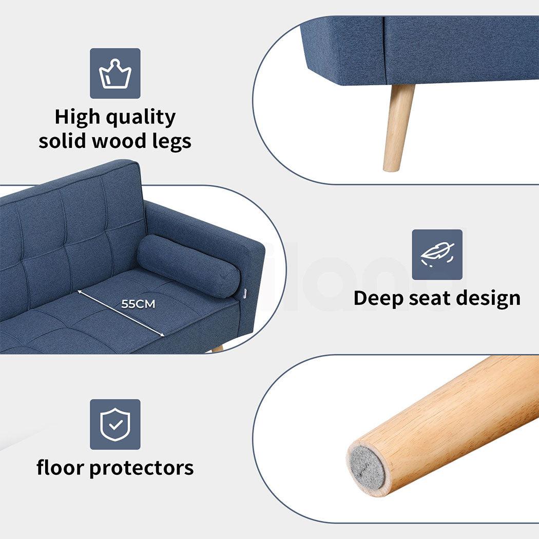 Familand 3 Seater Convertible Sofa Bed Loveseat Recliner Lounge Adjustable Back Blue