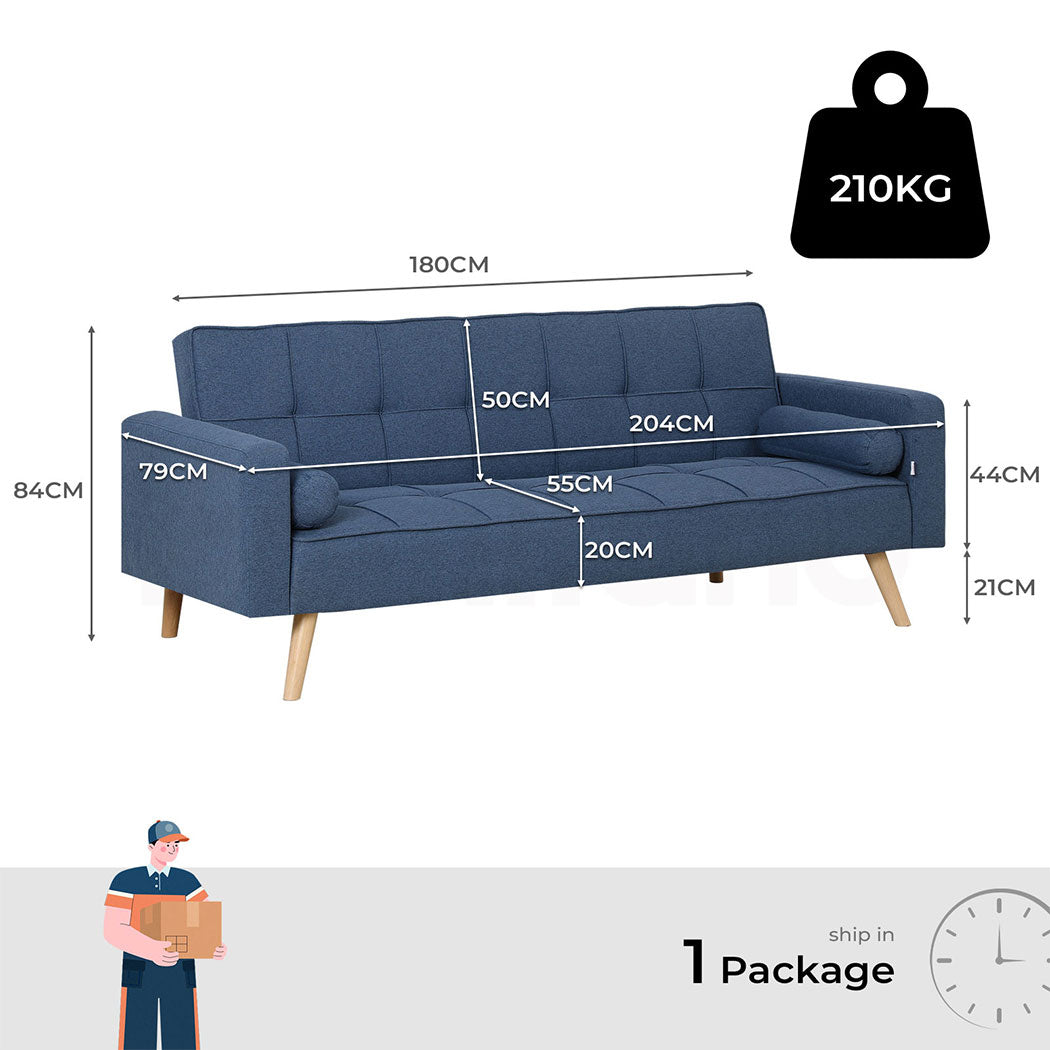 Familand 3 Seater Convertible Sofa Bed Loveseat Recliner Lounge Adjustable Back Blue