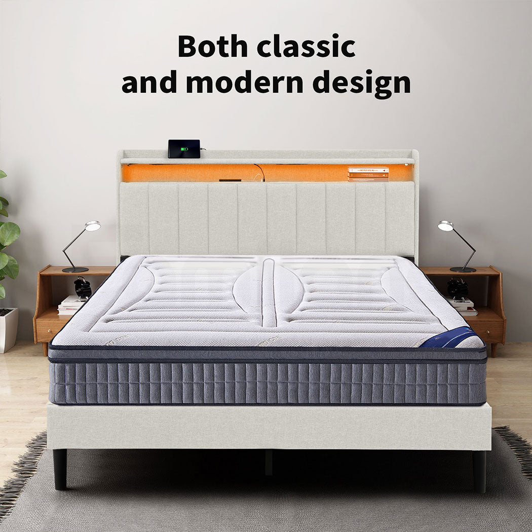 Familand LED Queen Bed Frame Storage Headboard Upholstered Charging Station Cream