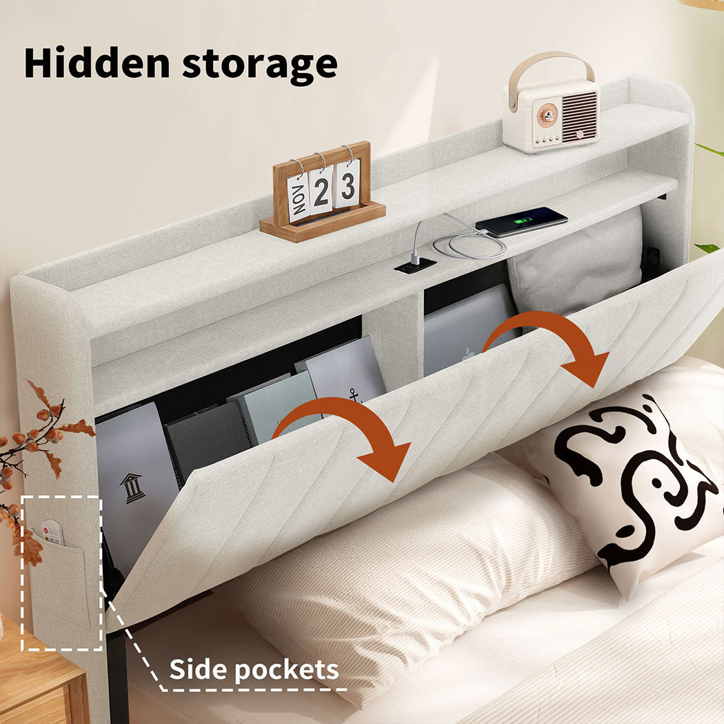 Familand LED Queen Bed Frame Storage Headboard Upholstered Charging Station Cream