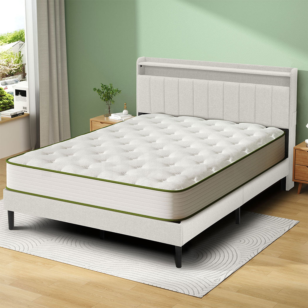 Familand LED Queen Bed Frame Storage Headboard Upholstered Charging Station Cream