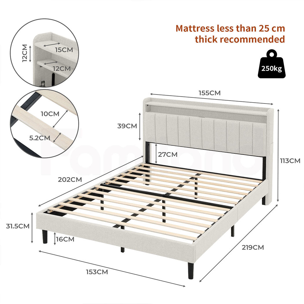 Familand LED Queen Bed Frame Storage Headboard Upholstered Charging Station Cream