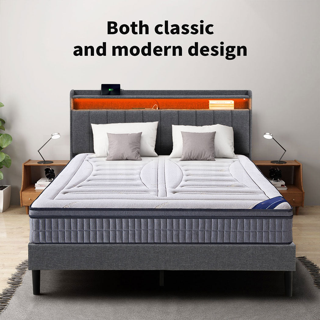 Familand LED Queen Bed Frame Storage Headboard Upholstered Charging Station Grey