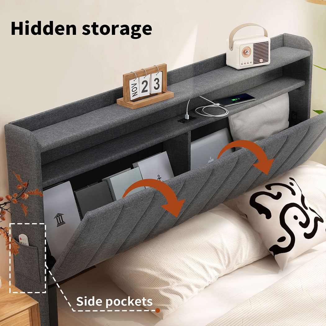 Familand LED Queen Bed Frame Storage Headboard Upholstered Charging Station Grey