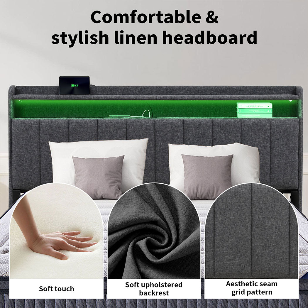Familand LED Queen Bed Frame Storage Headboard Upholstered Charging Station Grey