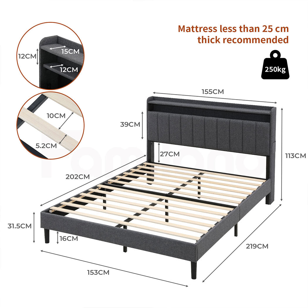 Familand LED Queen Bed Frame Storage Headboard Upholstered Charging Station Grey