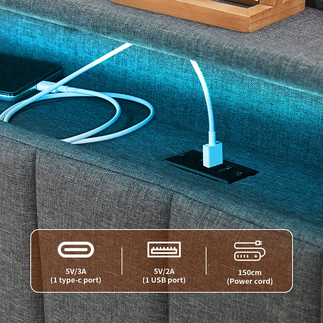 Familand LED Queen Bed Frame Storage Headboard Upholstered Charging Station Grey