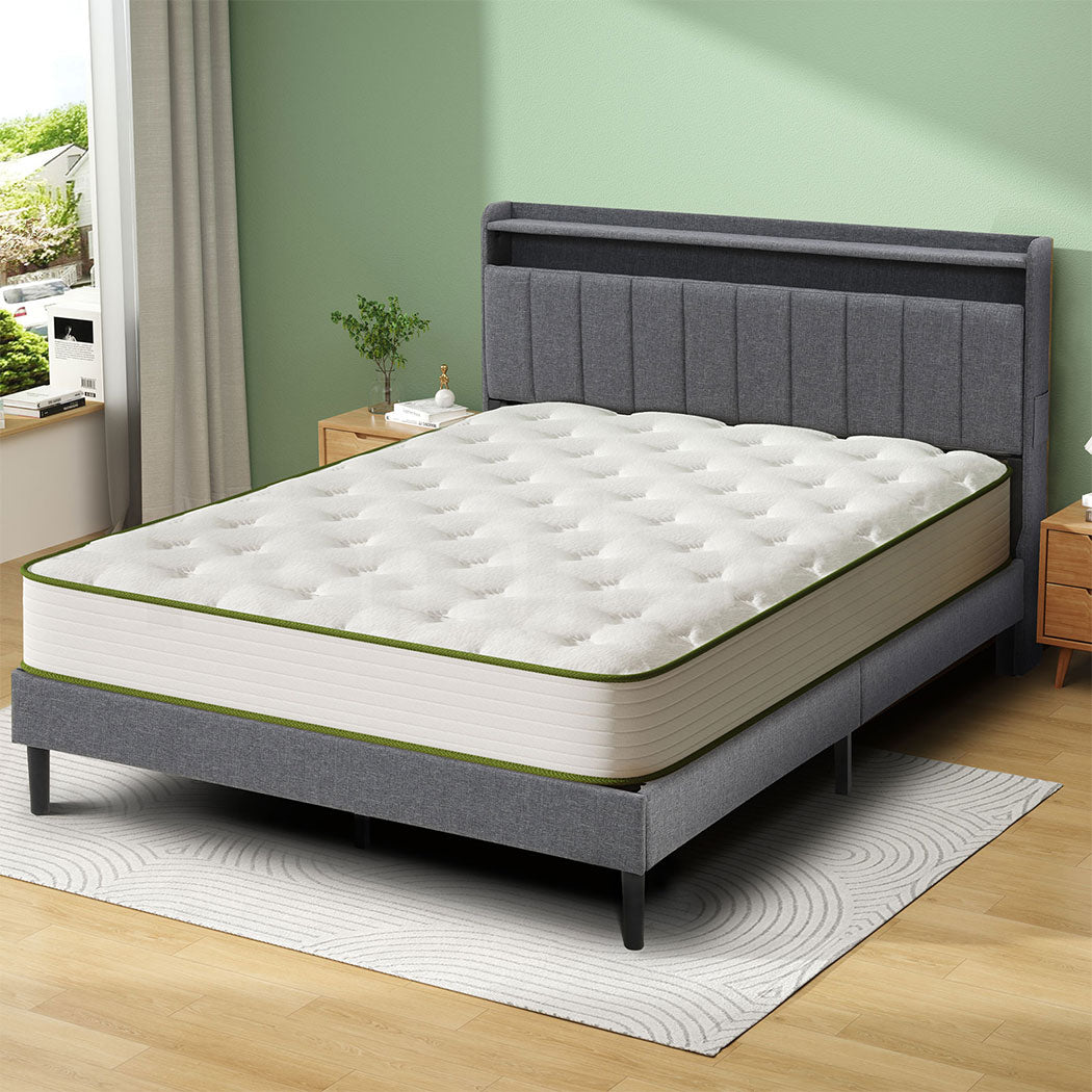 Familand LED Queen Bed Frame Storage Headboard Upholstered Charging Station Grey