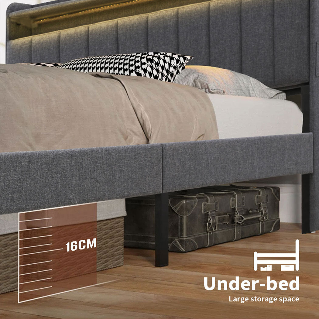 Familand LED Queen Bed Frame Storage Headboard Upholstered Charging Station Grey
