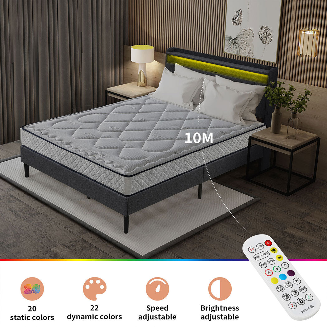 Familand LED Queen Bed Frame Storage Headboard Upholstered Charging Station Grey