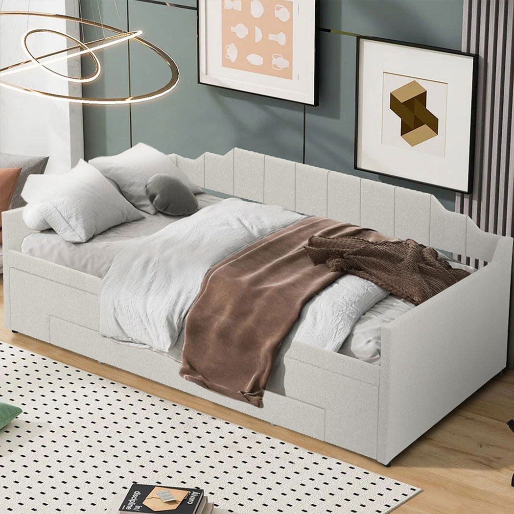 Familand Queen Daybed Trundle Bed Storage Drawer Upholstered Day Bed Frame Cream
