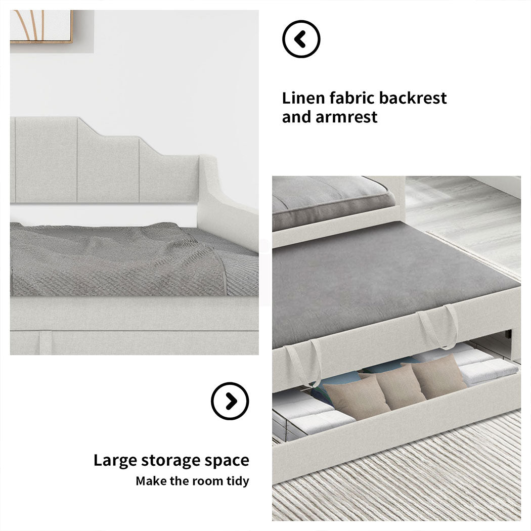 Familand Queen Daybed Trundle Bed Storage Drawer Upholstered Day Bed Frame Cream