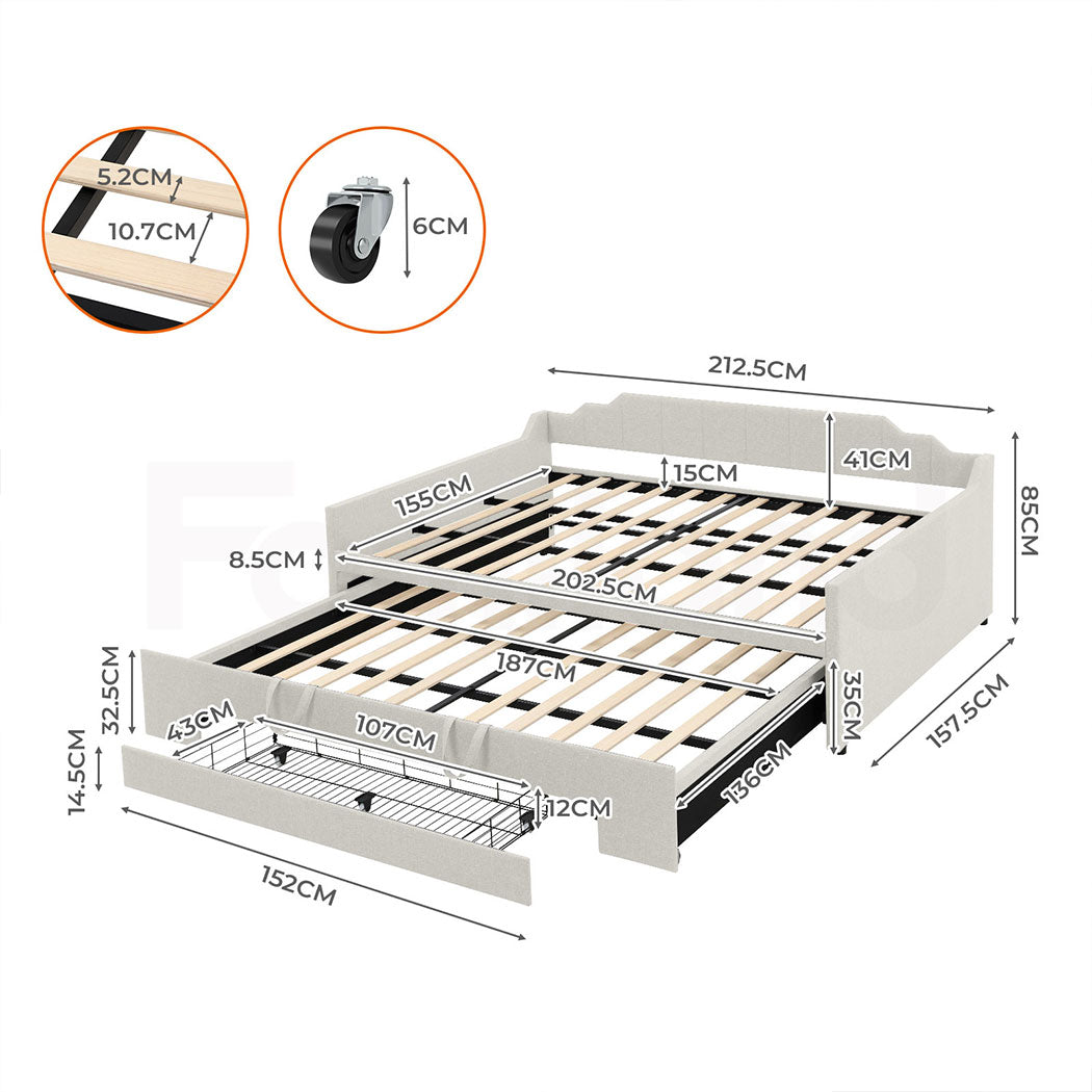 Familand Queen Daybed Trundle Bed Storage Drawer Upholstered Day Bed Frame Cream