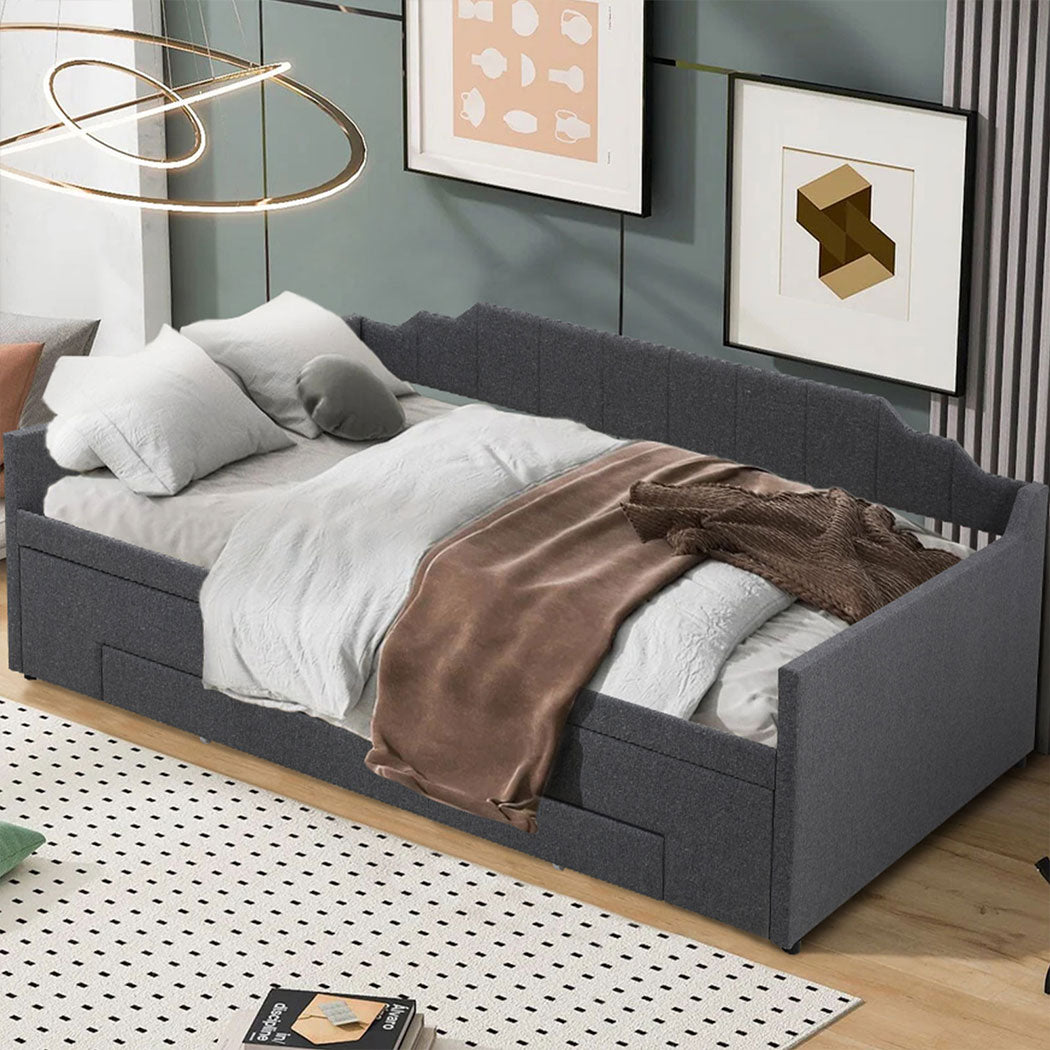 Familand Queen Daybed Trundle Bed Storage Drawer Upholstered Day Bed Frame Grey