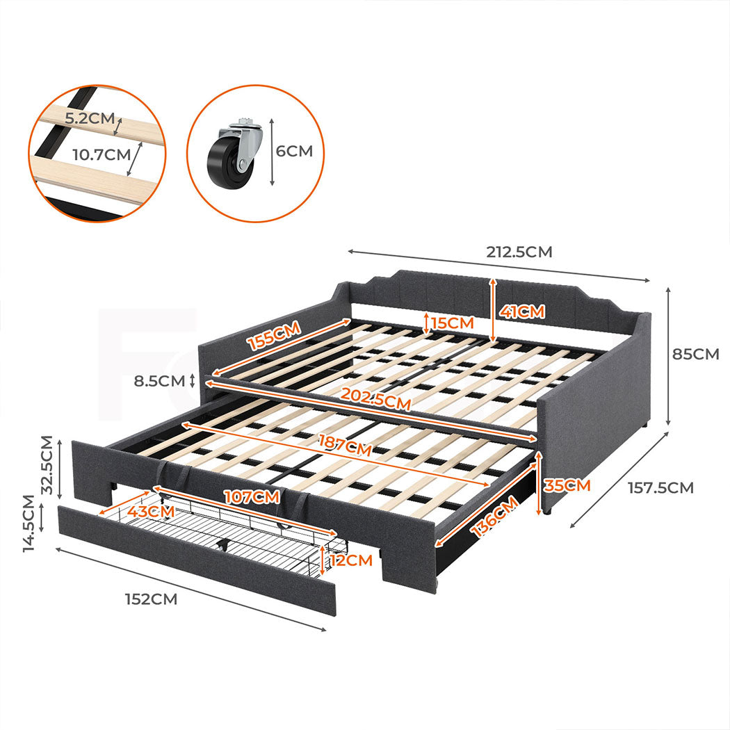 Familand Queen Daybed Trundle Bed Storage Drawer Upholstered Day Bed Frame Grey