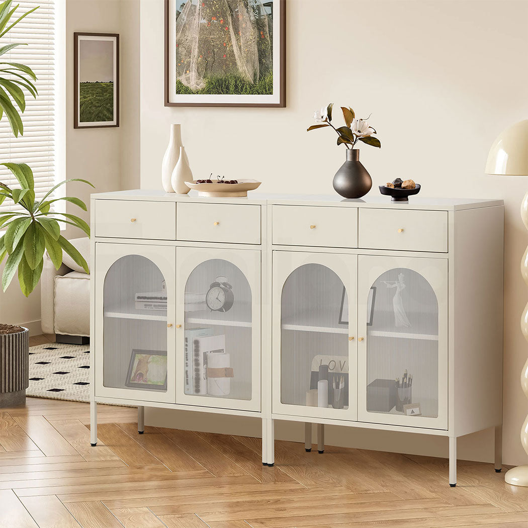Familand Metal Buffet Sideboard Accent Storage Cabinet with 2x Drawers in Cream