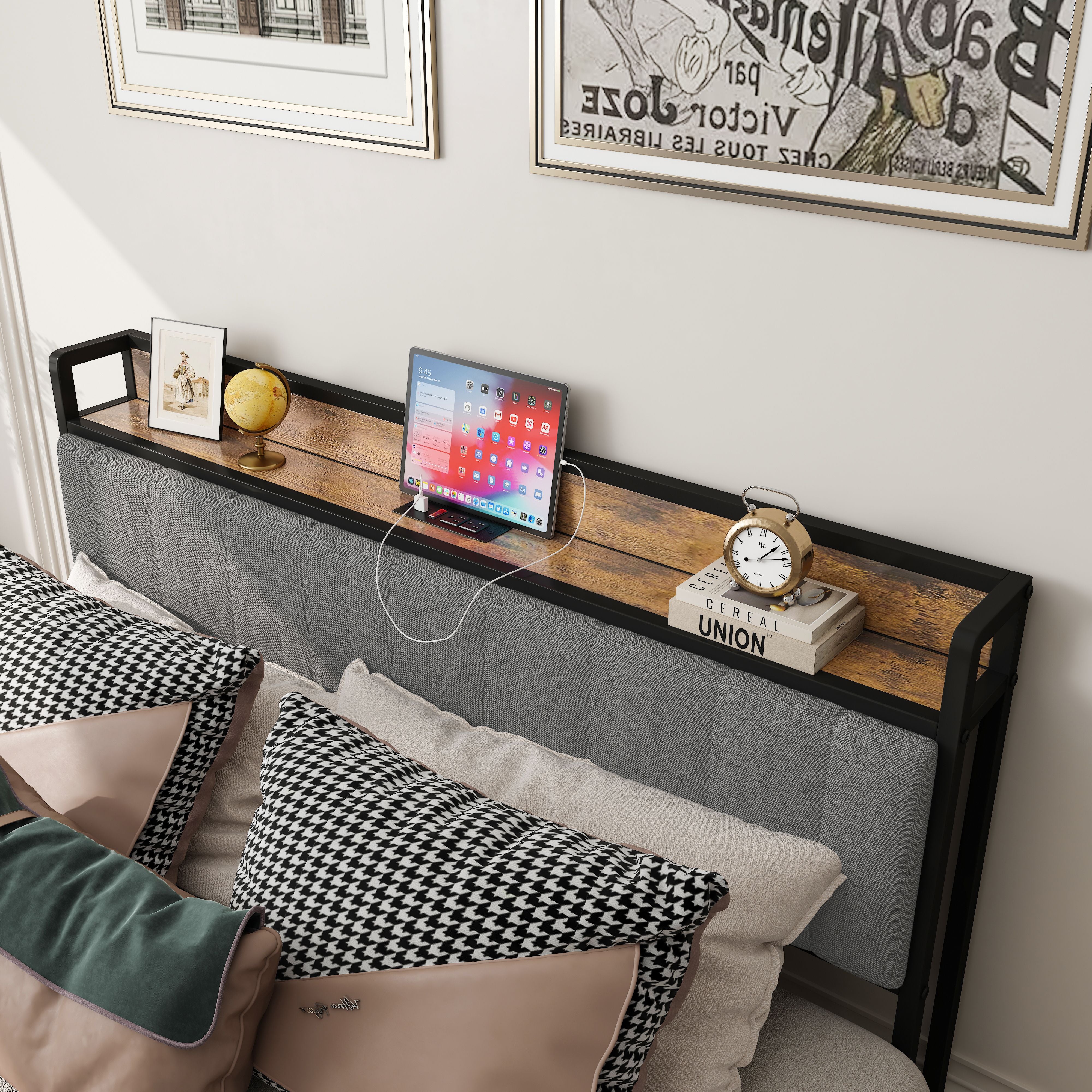 Full Size Bed Frame with Charging Station, Upholstered Headboard, Metal Platform, Grey