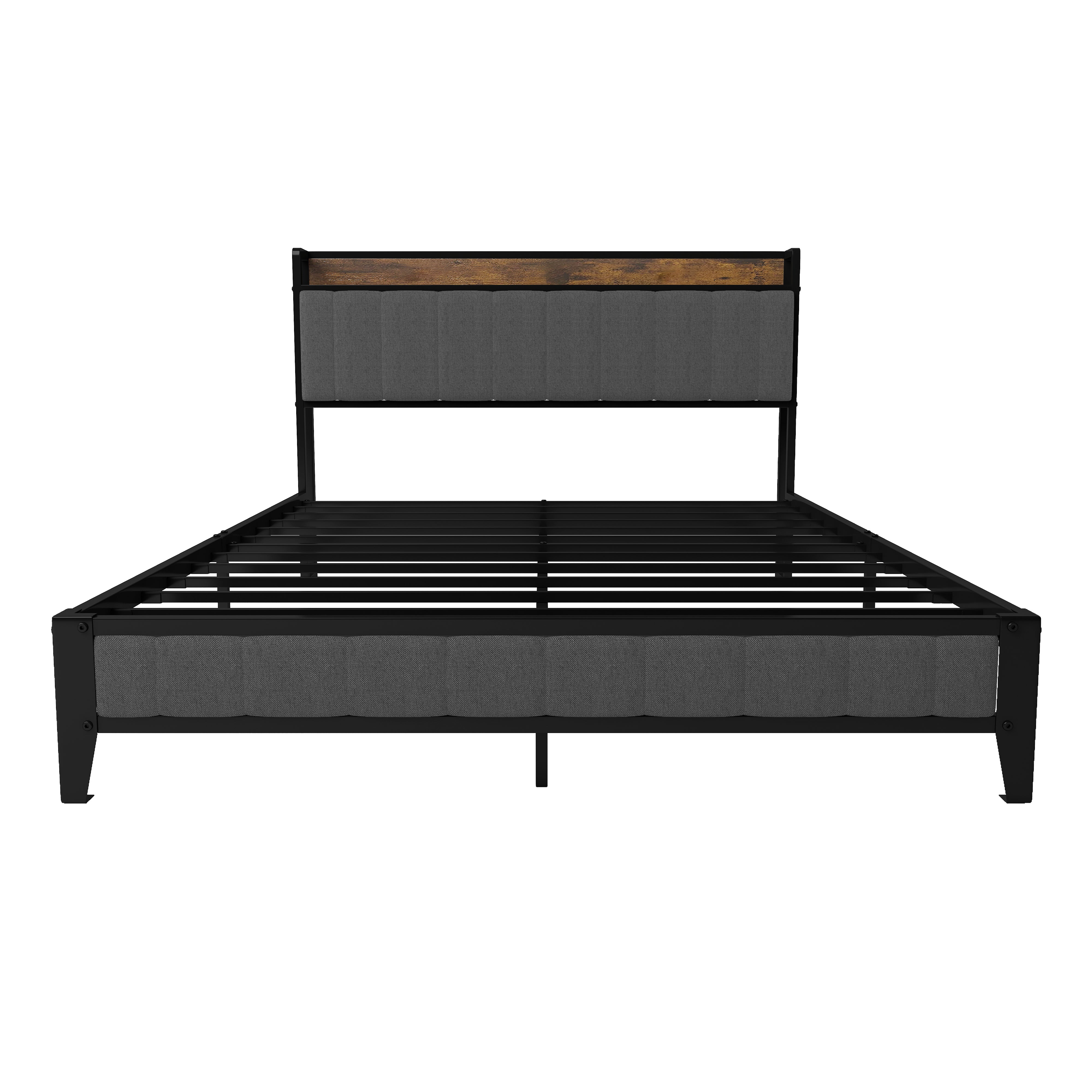 Full Size Bed Frame with Charging Station, Upholstered Headboard, Metal Platform, Grey
