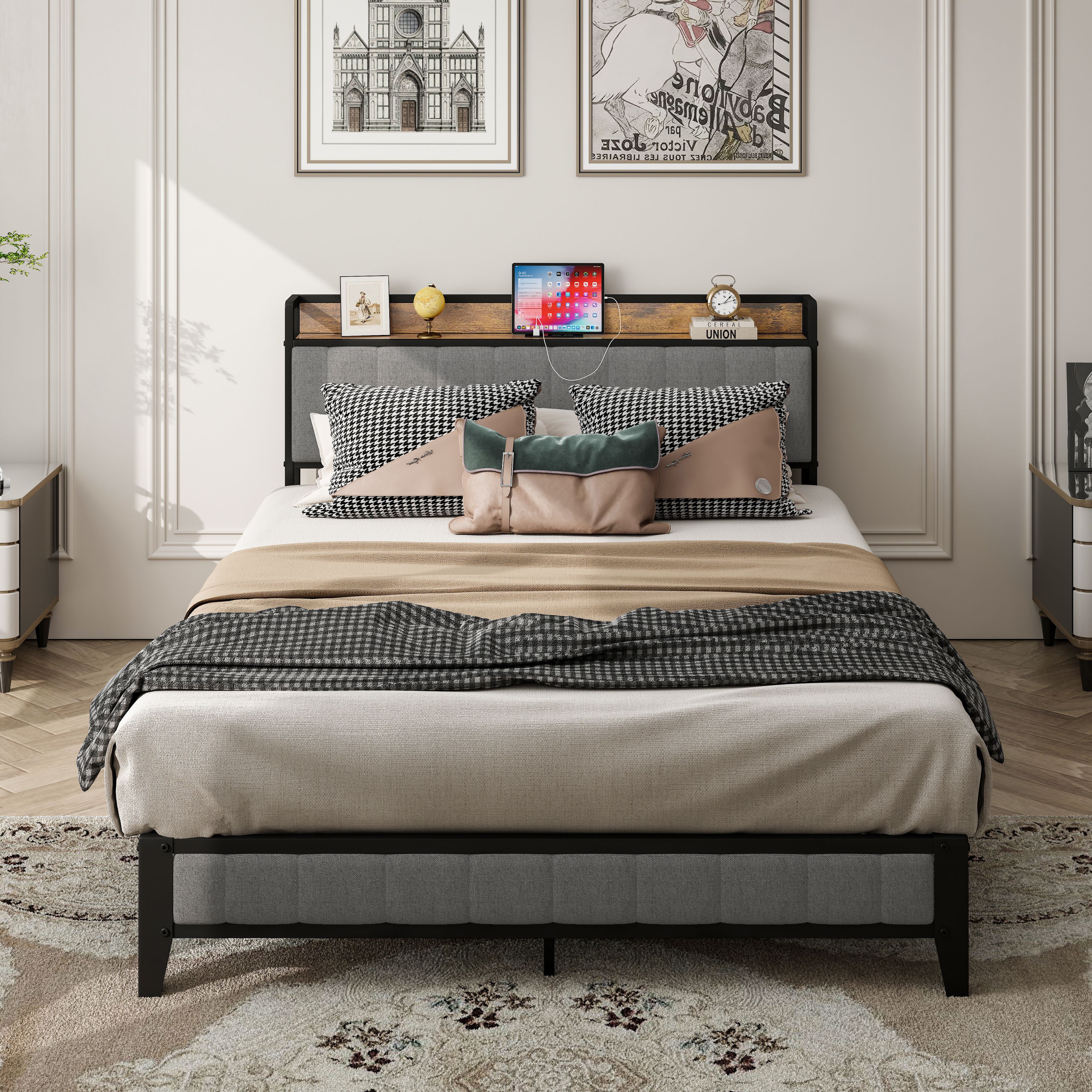 Full Size Bed Frame with Charging Station, Upholstered Headboard, Metal Platform, Grey
