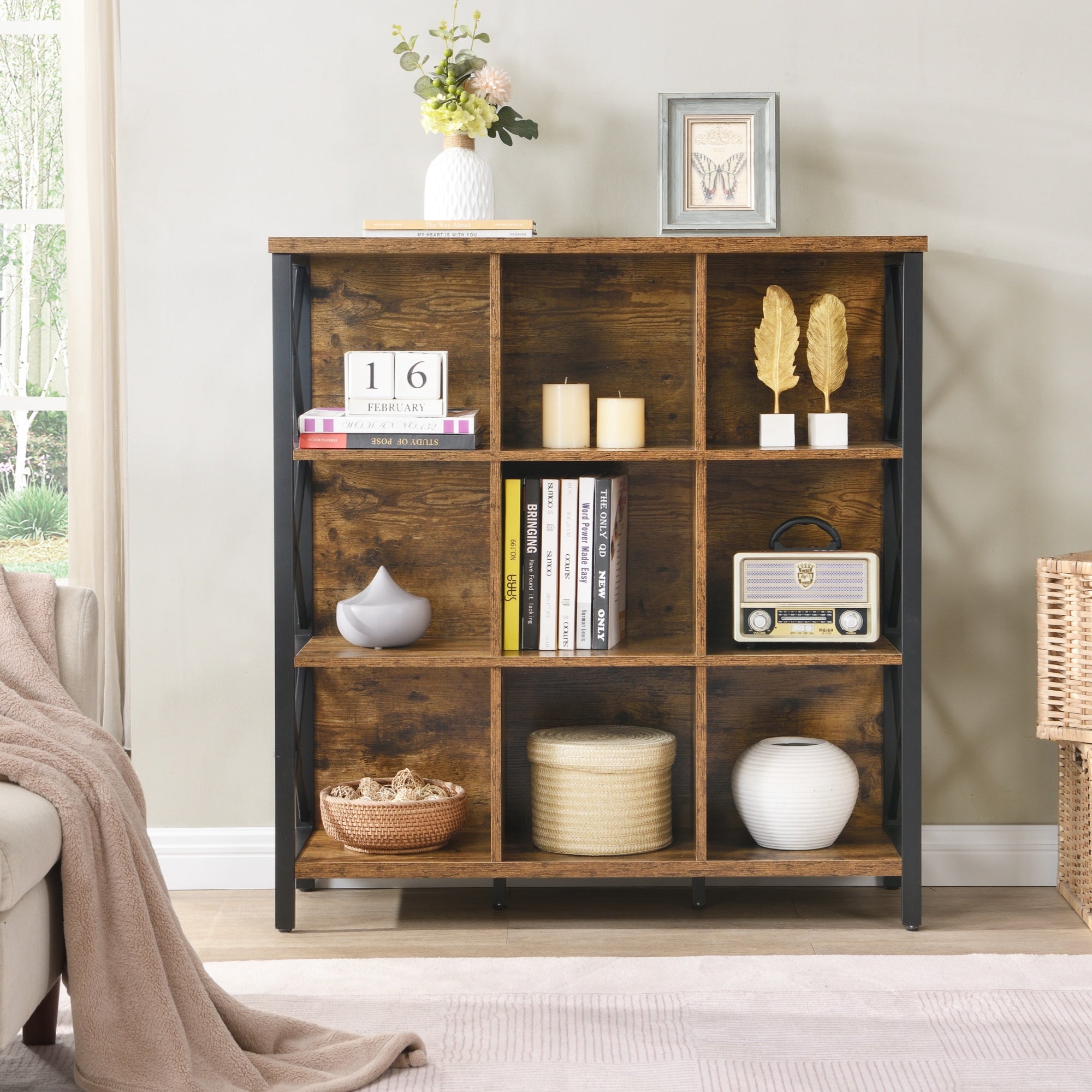 Rustic 9 Cube Storage Organizer Shelf, Industrial 4 Tier Cubby Bookcase