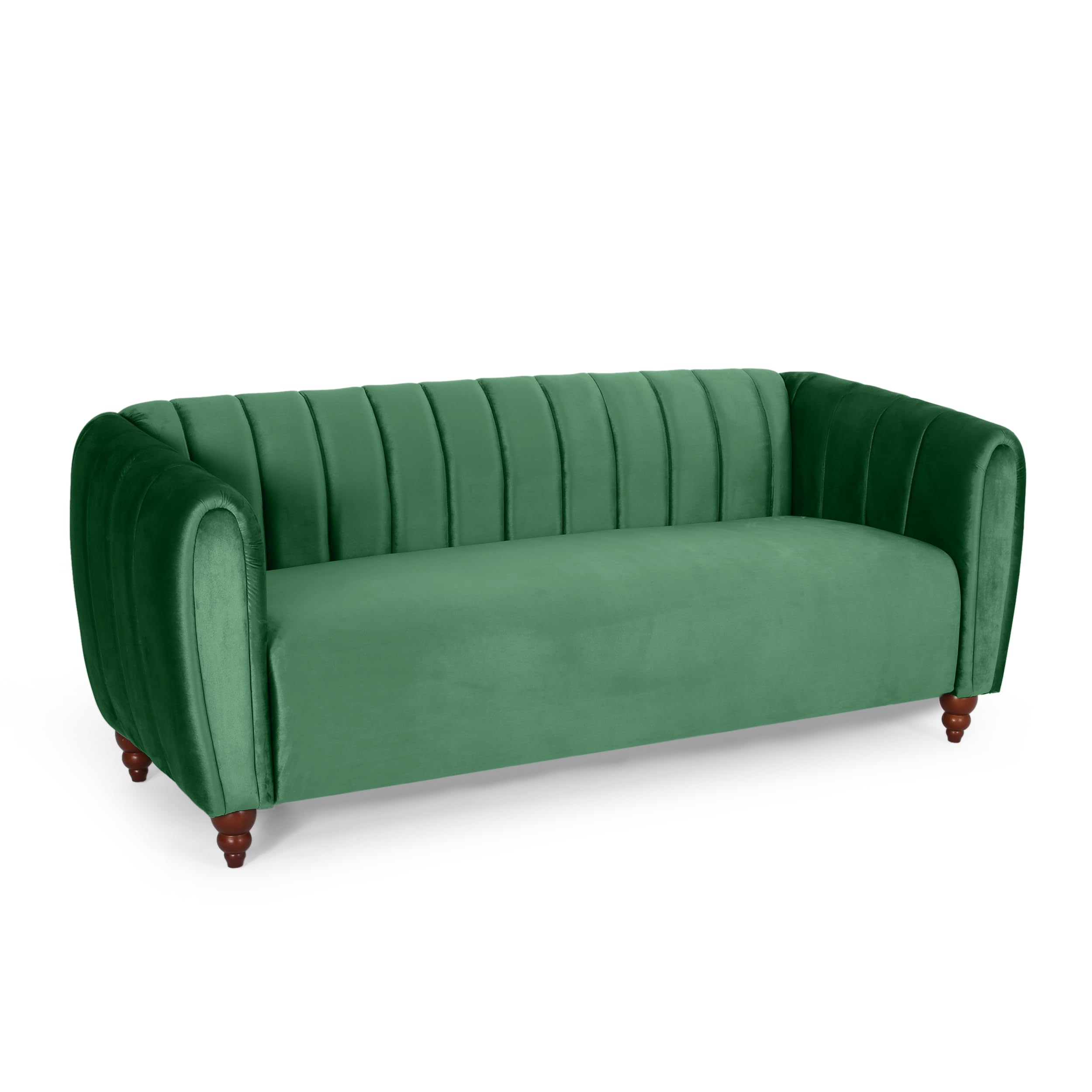 Modern Glam Emerald Green Channel-Tufted 3-Seater Velvet Upholstered Sofa with Tuxedo Arms and Birch