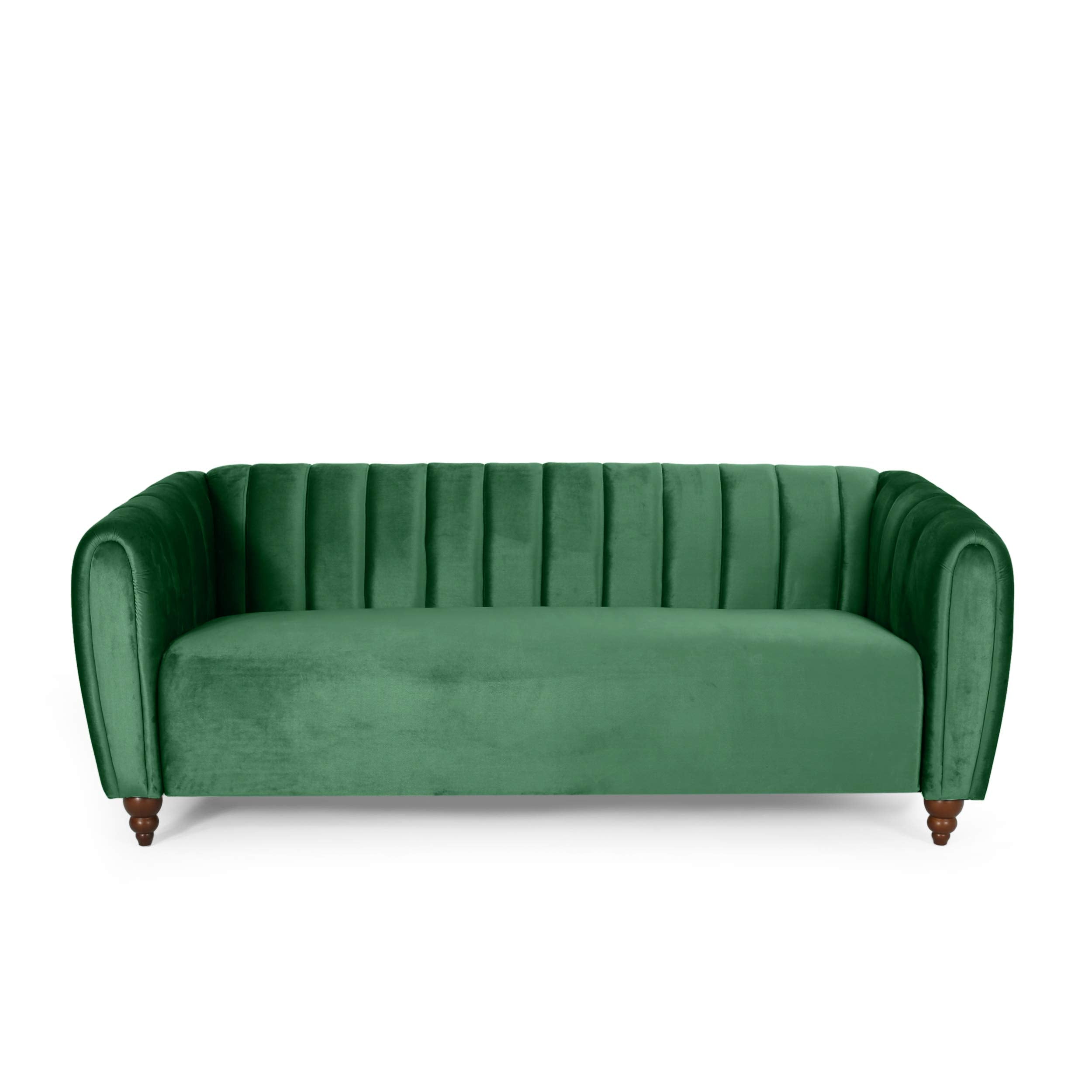 Modern Glam Emerald Green Channel-Tufted 3-Seater Velvet Upholstered Sofa with Tuxedo Arms and Birch