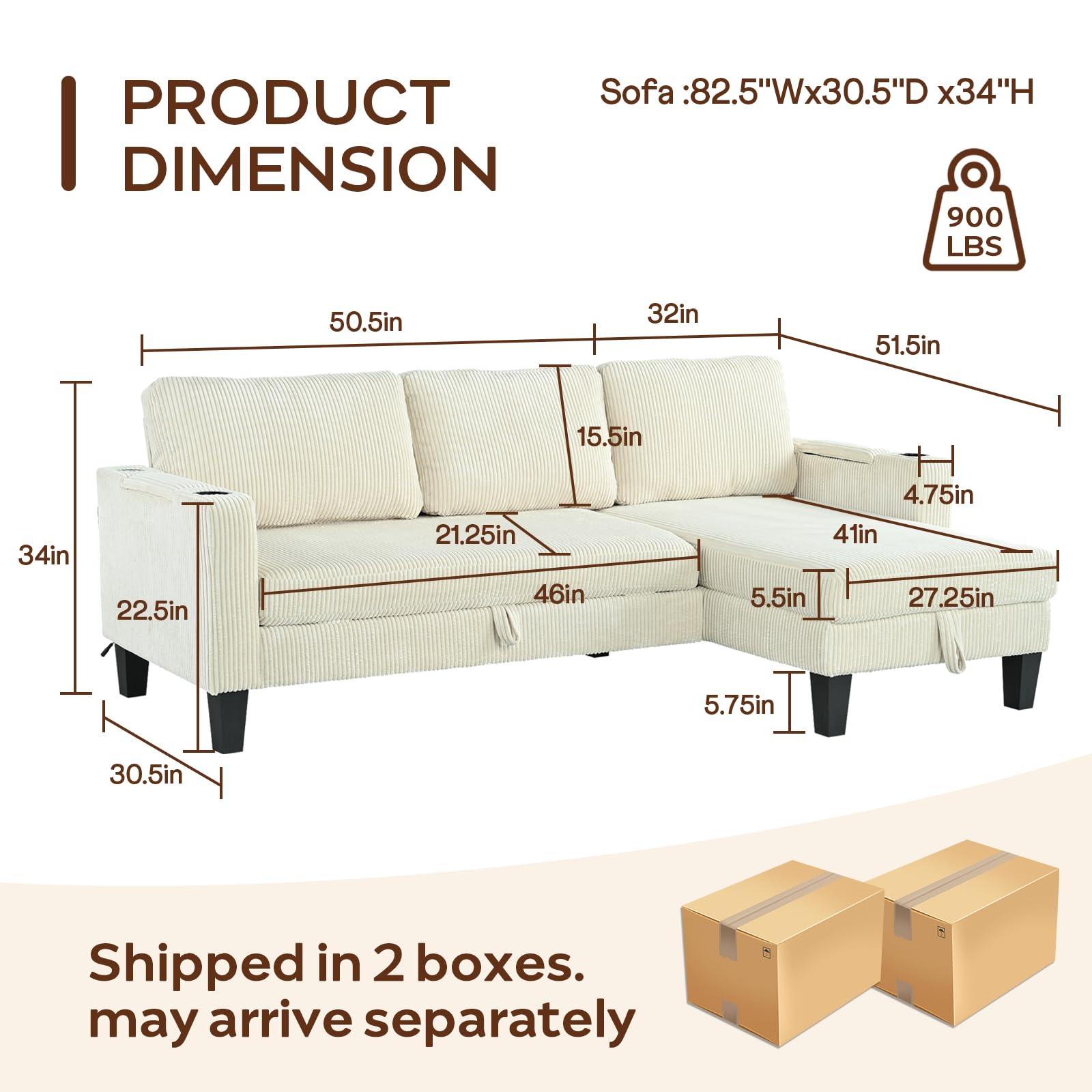 Modern Beige/Grey Reversible L-Shaped Sleeper Sofa with Storage & USB Ports