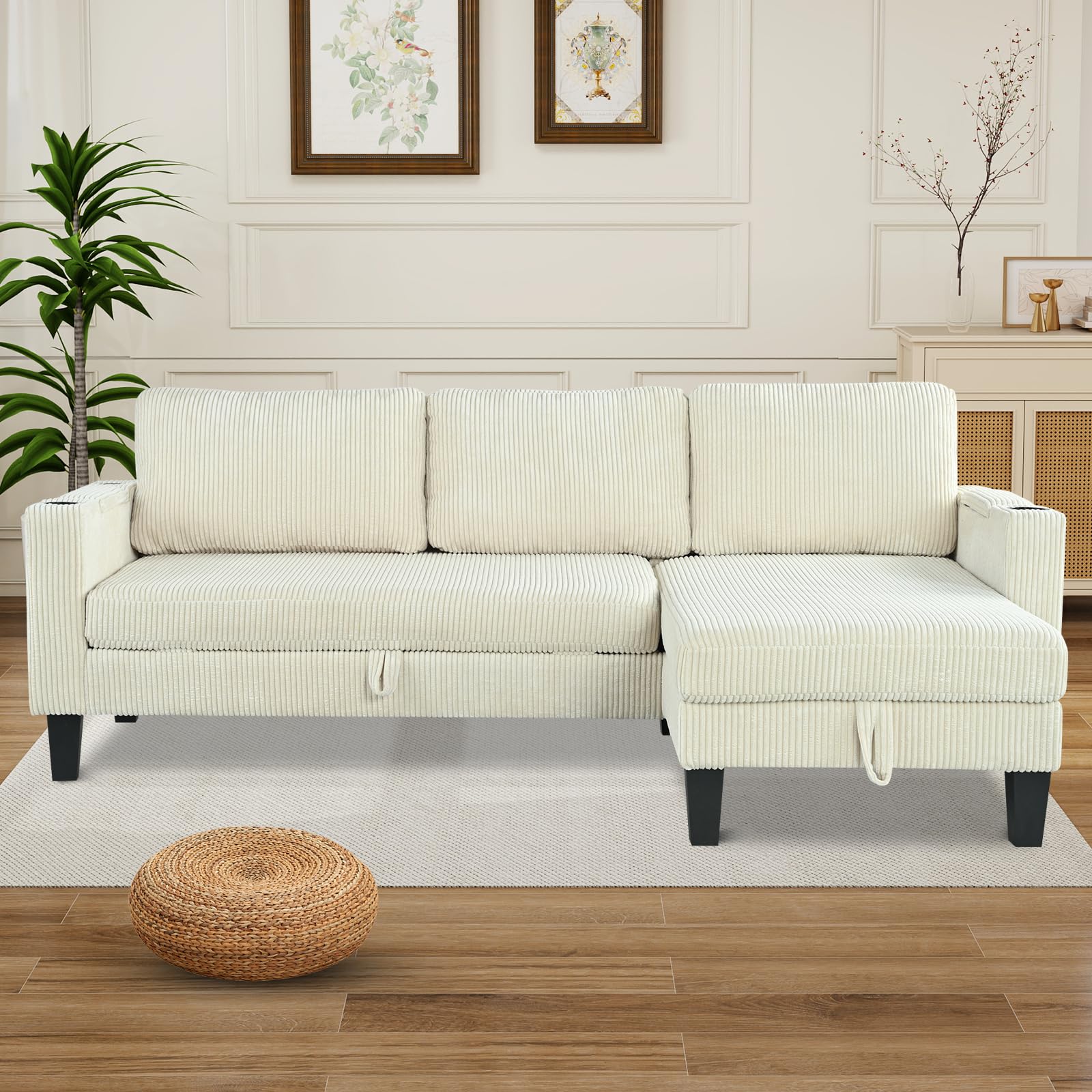 Modern Beige/Grey Reversible L-Shaped Sleeper Sofa with Storage & USB Ports