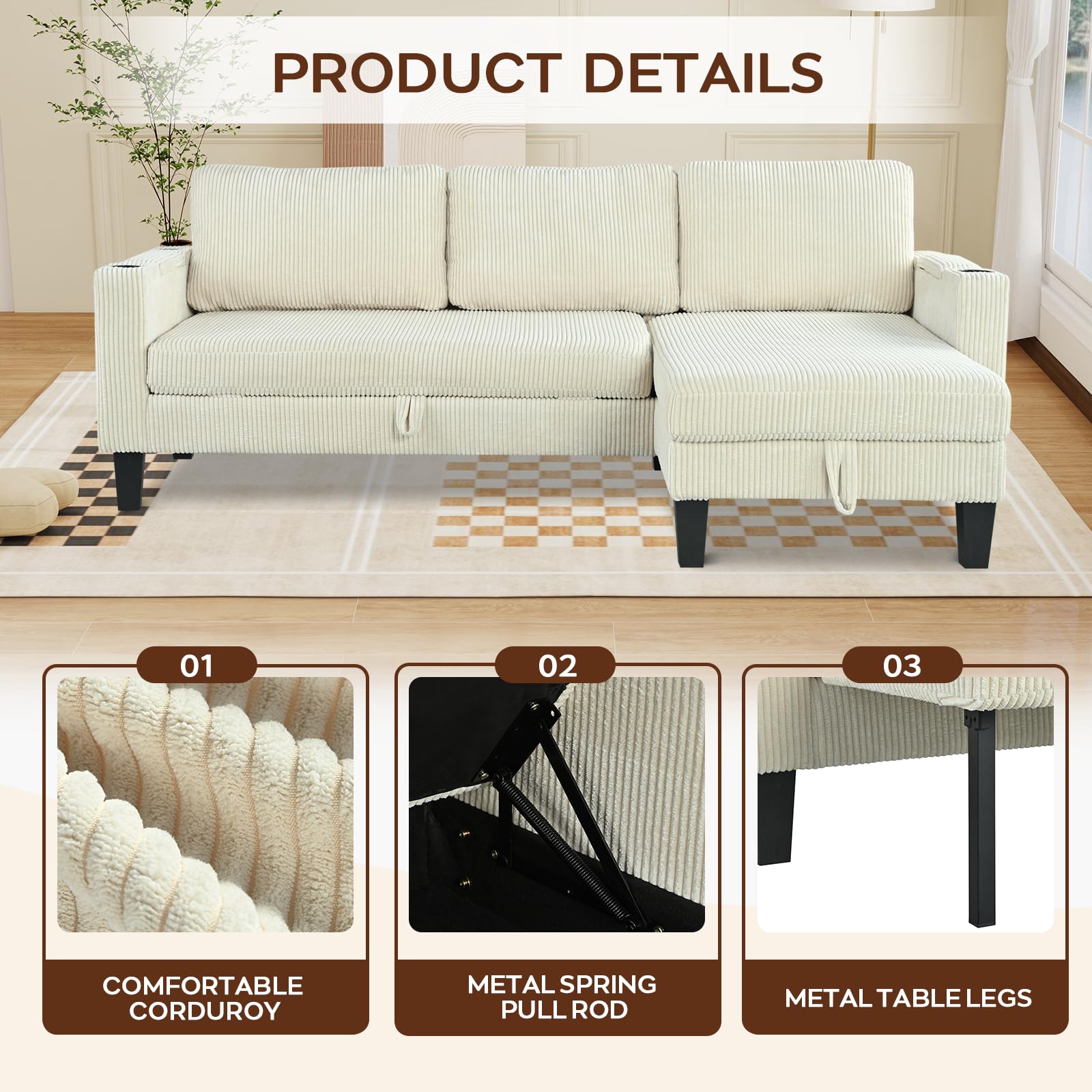 Modern Beige/Grey Reversible L-Shaped Sleeper Sofa with Storage & USB Ports