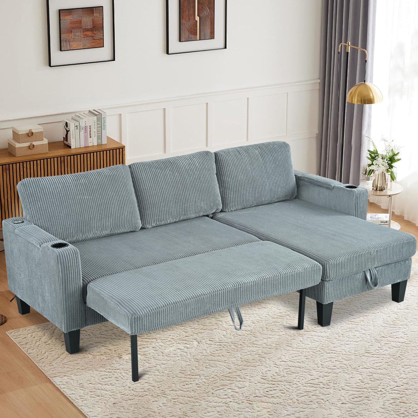 Modern Beige/Grey Reversible L-Shaped Sleeper Sofa with Storage & USB Ports