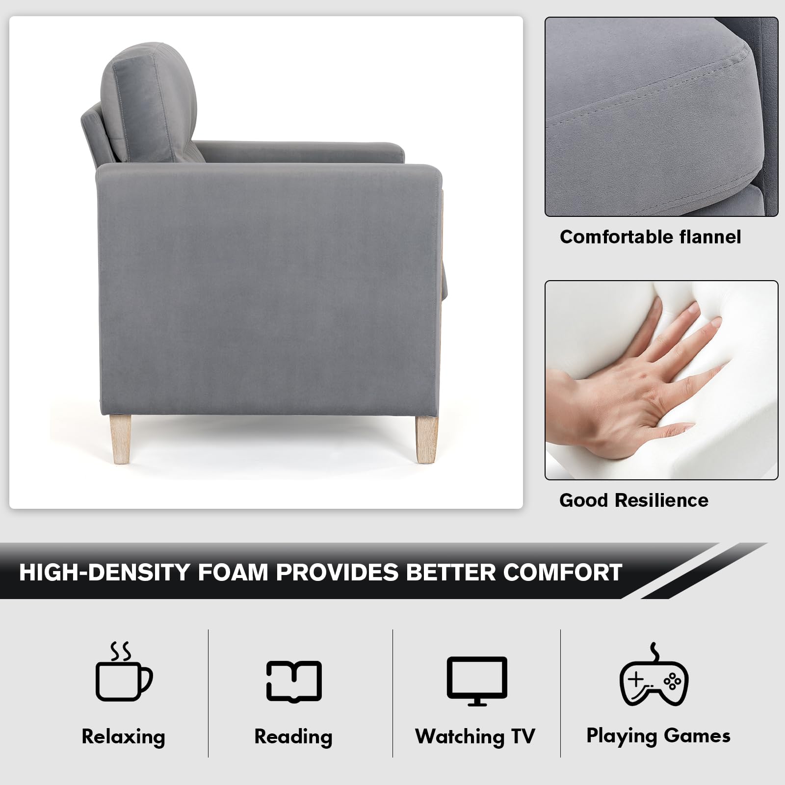 Modern  PU Leather & Velvet Upholstered Single Seater Accent Chair with Rubber Wood Legs