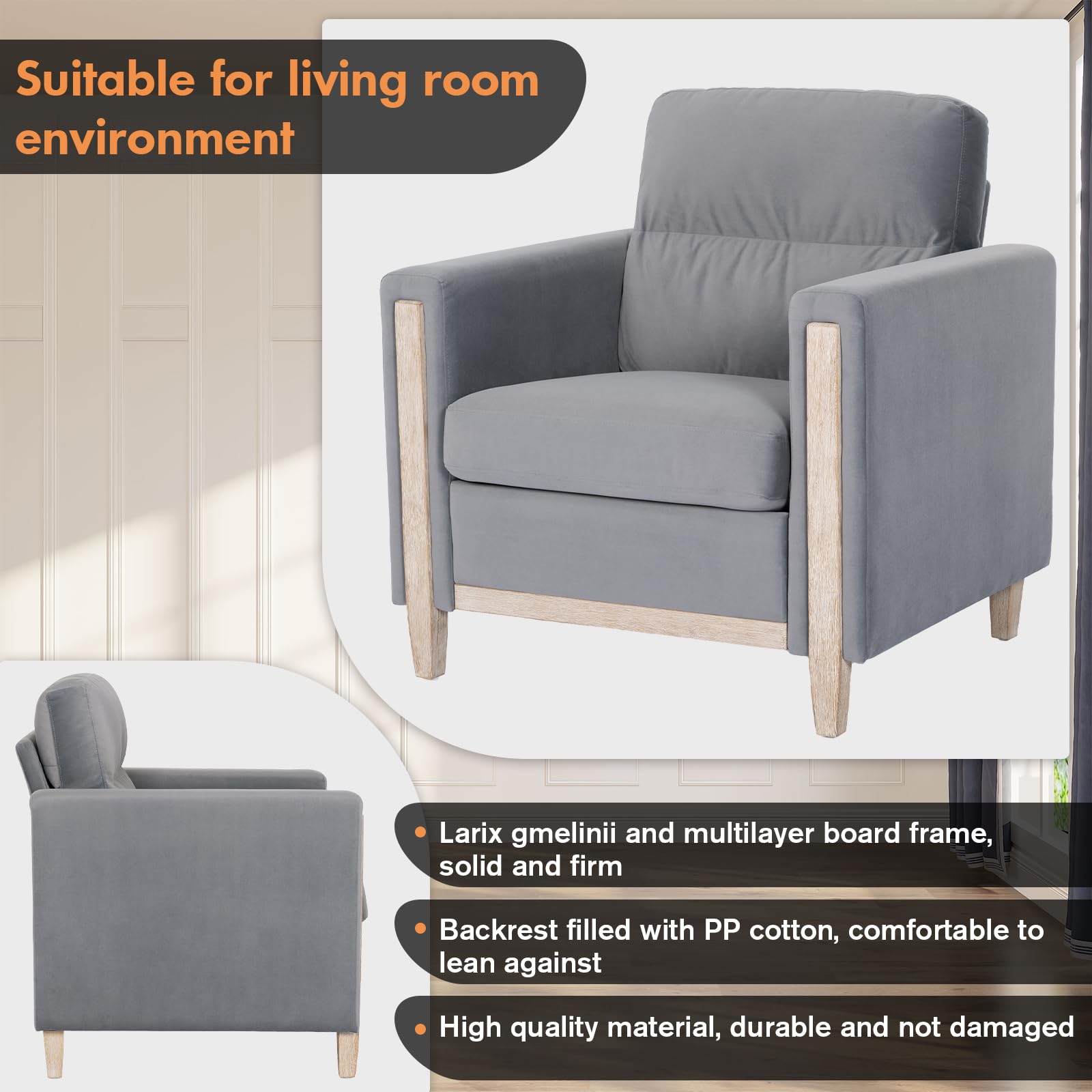 Modern  PU Leather & Velvet Upholstered Single Seater Accent Chair with Rubber Wood Legs