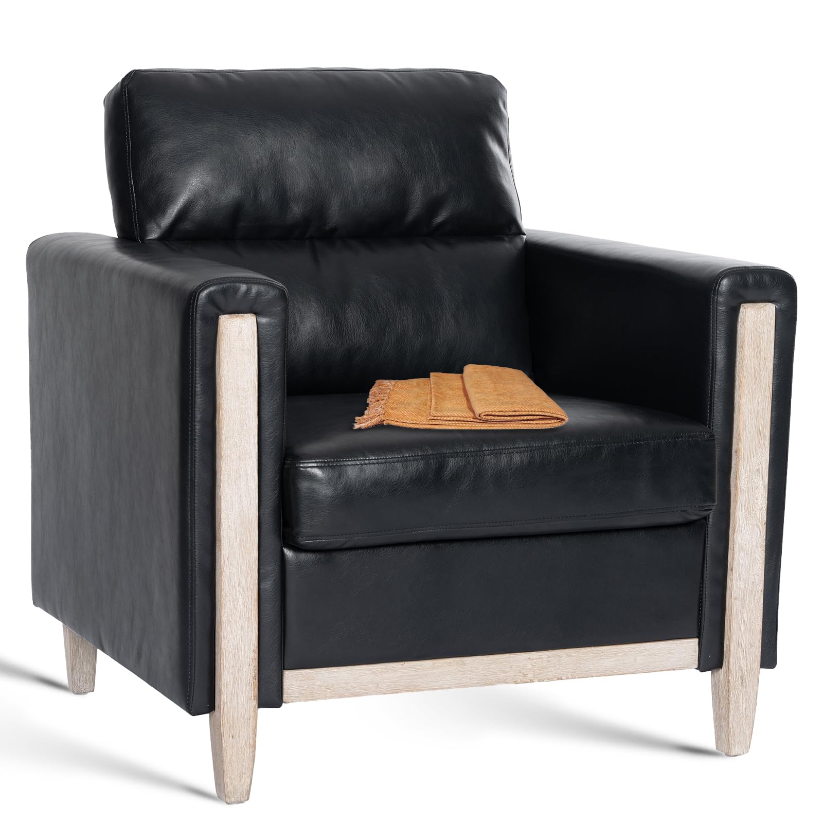 Modern  PU Leather & Velvet Upholstered Single Seater Accent Chair with Rubber Wood Legs