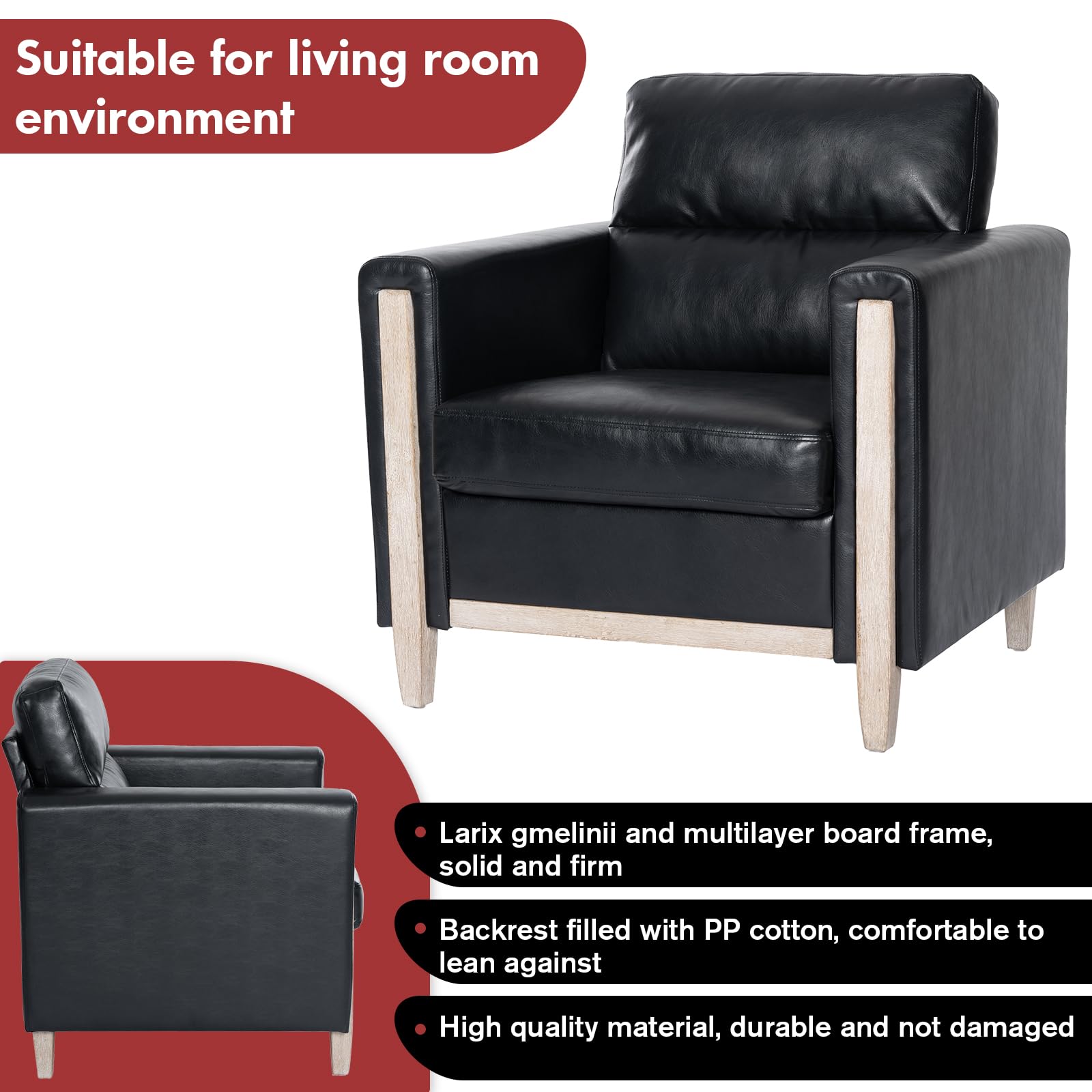 Modern  PU Leather & Velvet Upholstered Single Seater Accent Chair with Rubber Wood Legs