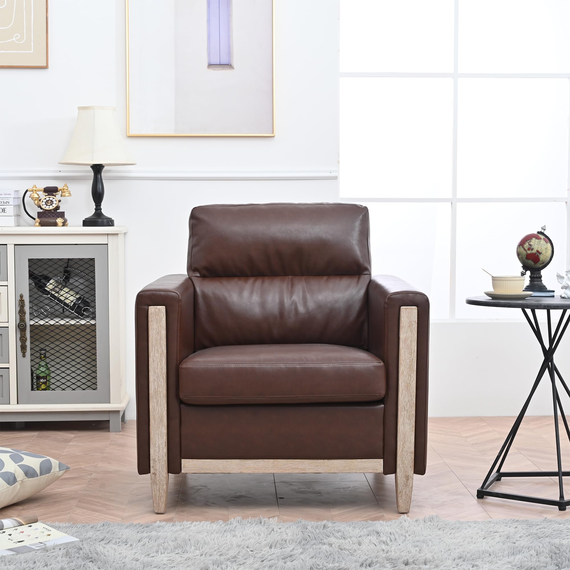 Modern  PU Leather & Velvet Upholstered Single Seater Accent Chair with Rubber Wood Legs
