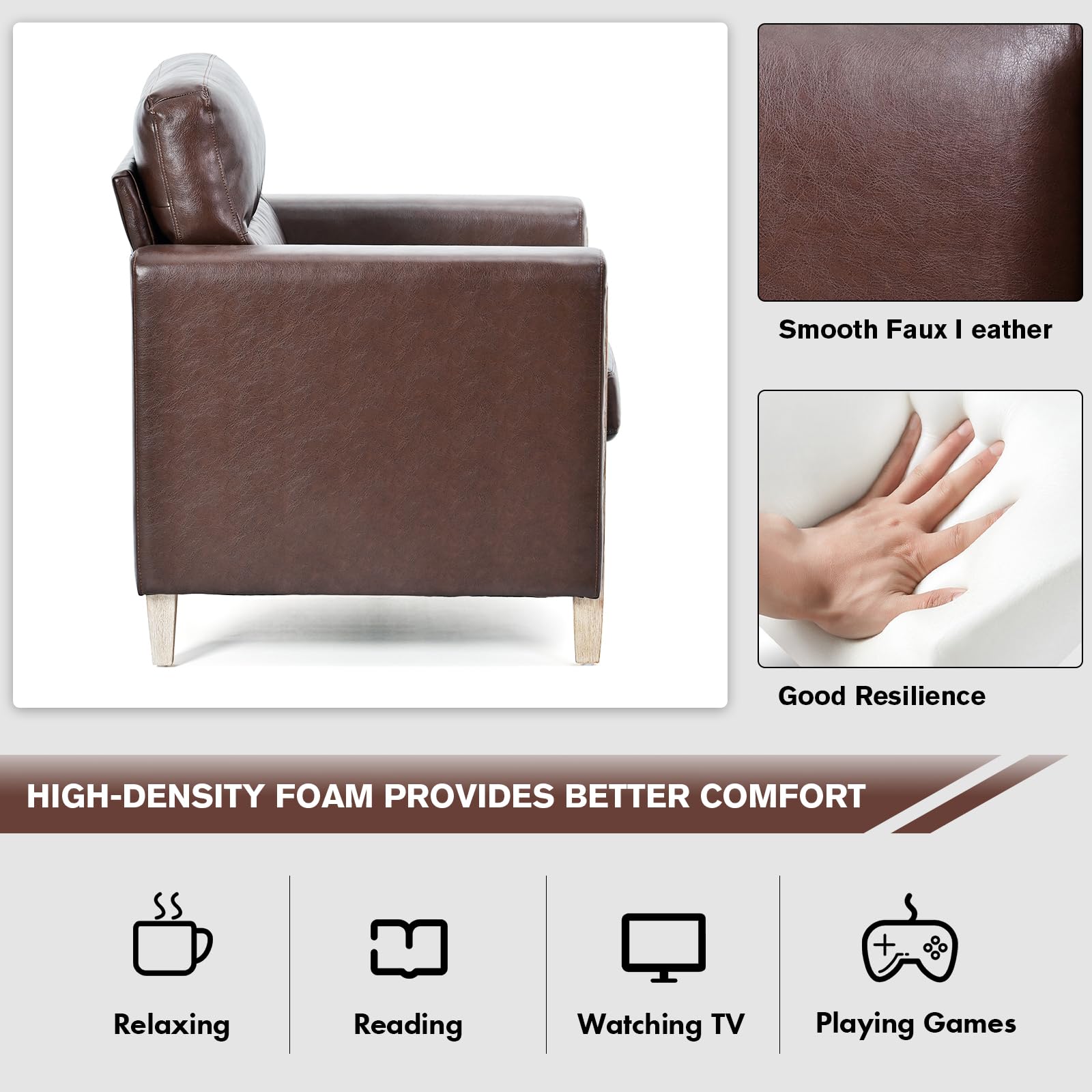 Modern  PU Leather & Velvet Upholstered Single Seater Accent Chair with Rubber Wood Legs