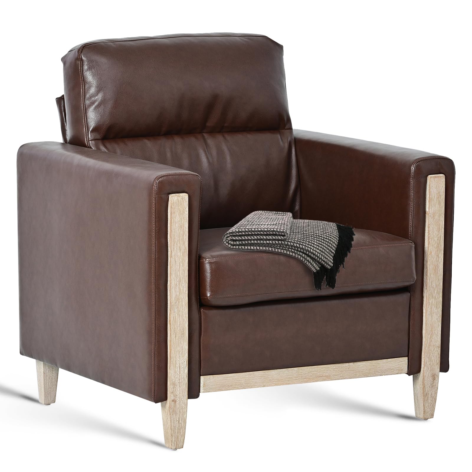 Modern  PU Leather & Velvet Upholstered Single Seater Accent Chair with Rubber Wood Legs