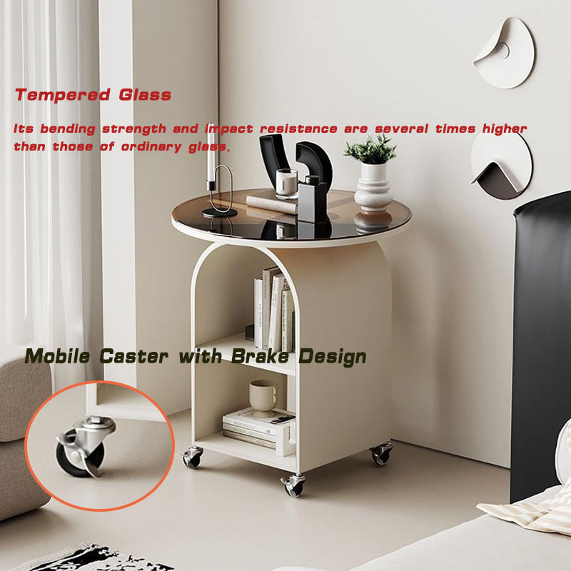 Mobile Round Side Table: For Living Room (Beside Sofa), Bedroom (Beside Bed) | Iron Frame, Glass Top