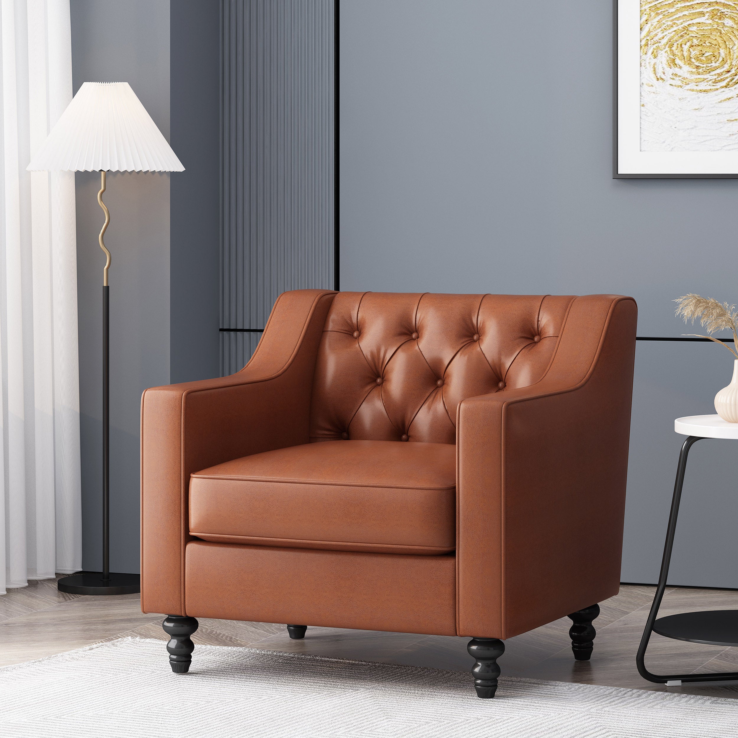 Modern Light Brown/Brown Ergonomic PU Leather Button-Tufted Club Chair