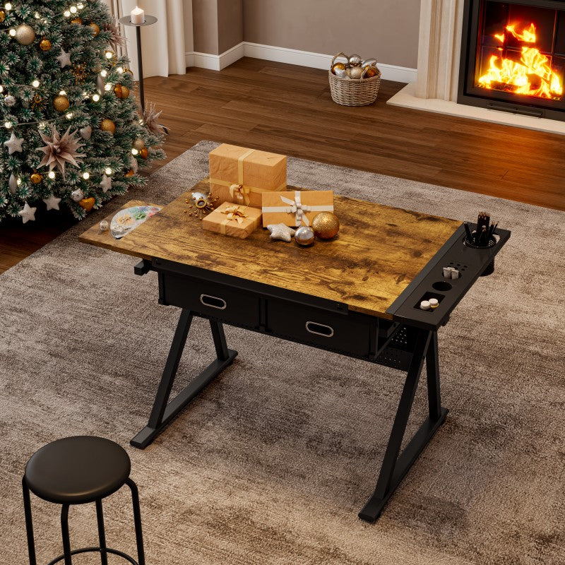 adjustable drawing drafting table desk with 2 drawers for home office and school with stool(wood)