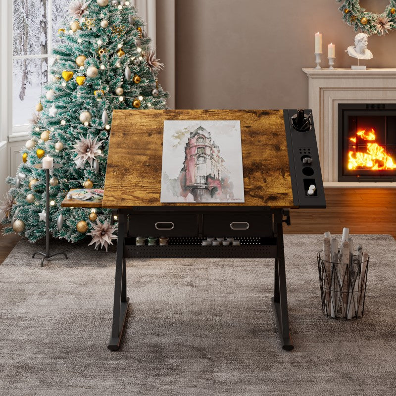 adjustable drawing drafting table desk with 2 drawers for home office and school with stool(wood)