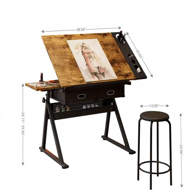 adjustable drawing drafting table desk with 2 drawers for home office and school with stool(wood)