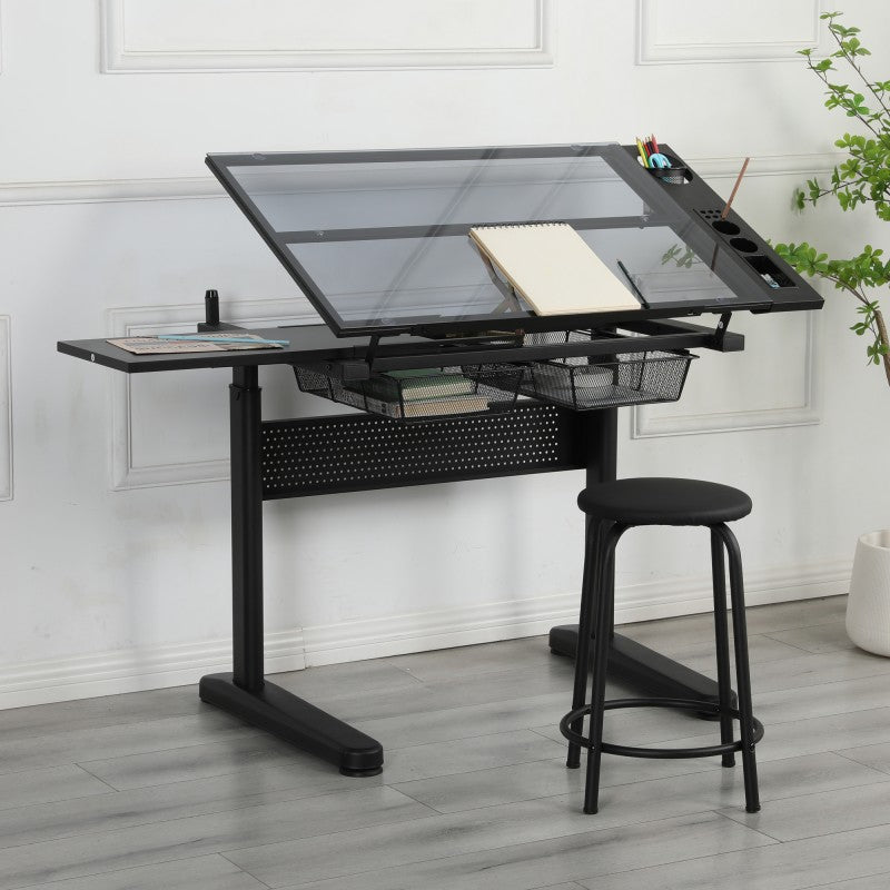 hand crank adjustable drafting table drawing desk with 2 metal drawers (BLACK)WITH STOOL