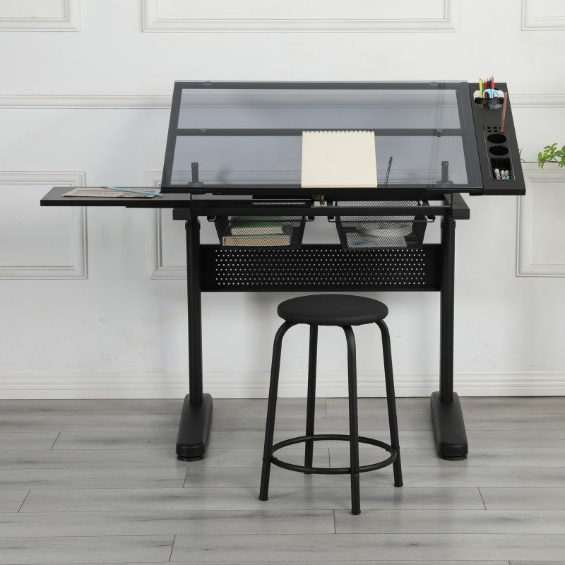 hand crank adjustable drafting table drawing desk with 2 metal drawers (BLACK)WITH STOOL