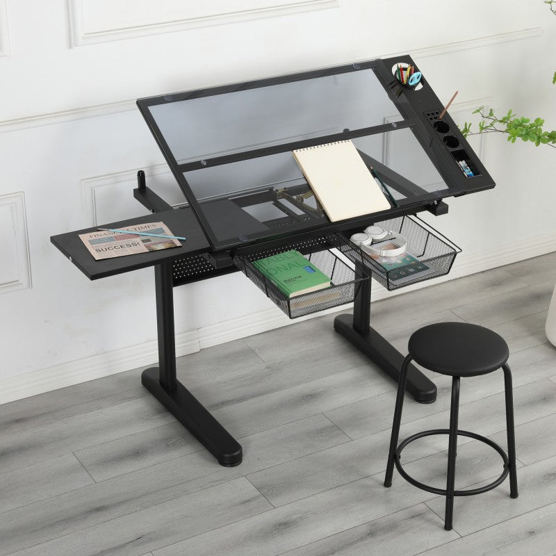 hand crank adjustable drafting table drawing desk with 2 metal drawers (BLACK)WITH STOOL