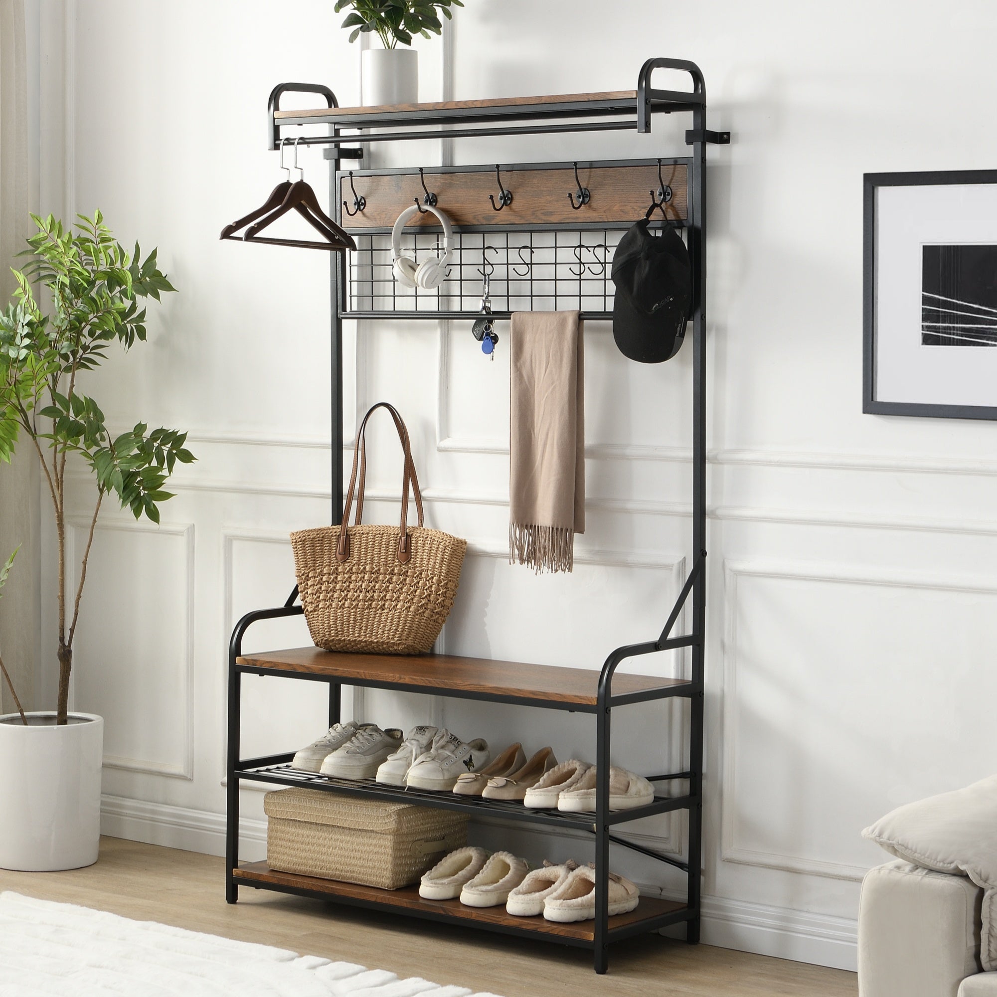 5-in-1 Entryway Hall Tree and 3 Tier Storage Bench